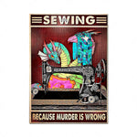 Cette affiche met en scène une machine à coudre ornée de motifs colorés et de formes géométriques, avec un message indiquant que l'homicide est moralement répréhensible.