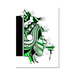 L'image représente une composition abstraite avec des formes géométriques et des éclaboussures de couleur verte, noire et blanche, créant un effet dynamique et graphique.