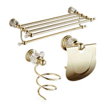 Détail de la finition laiton doré et cristal sur les accessoires de bain