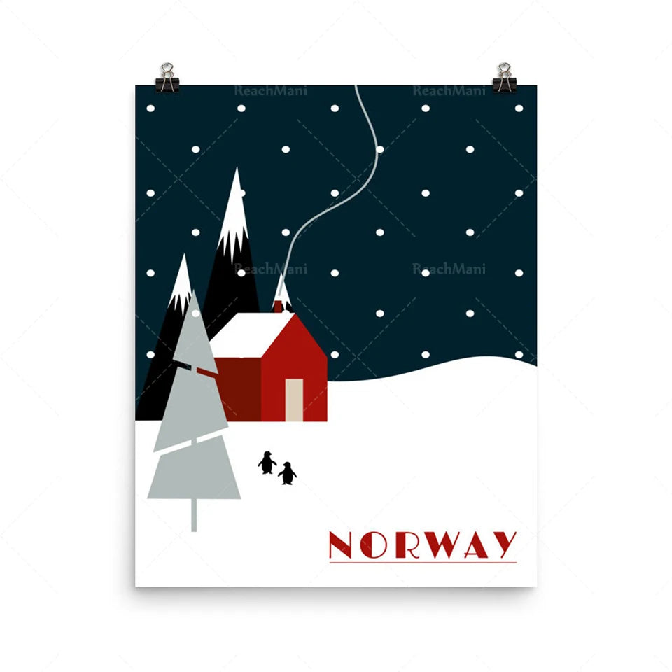 Magnifique illustration hivernale de la Norvège, avec une maison rouge, des montagnes enneigées et deux silhouettes de pingouins sous un ciel nocturne parsemé d'étoiles.