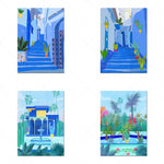 Ces images illustrent des scènes colorées et enchantées de paysages méditerranéens, avec des bâtiments aux couleurs vives, des escaliers bleus, des fontaines et des jardins luxuriants, le tout baignant dans une atmosphère ensoleillée et apaisante.