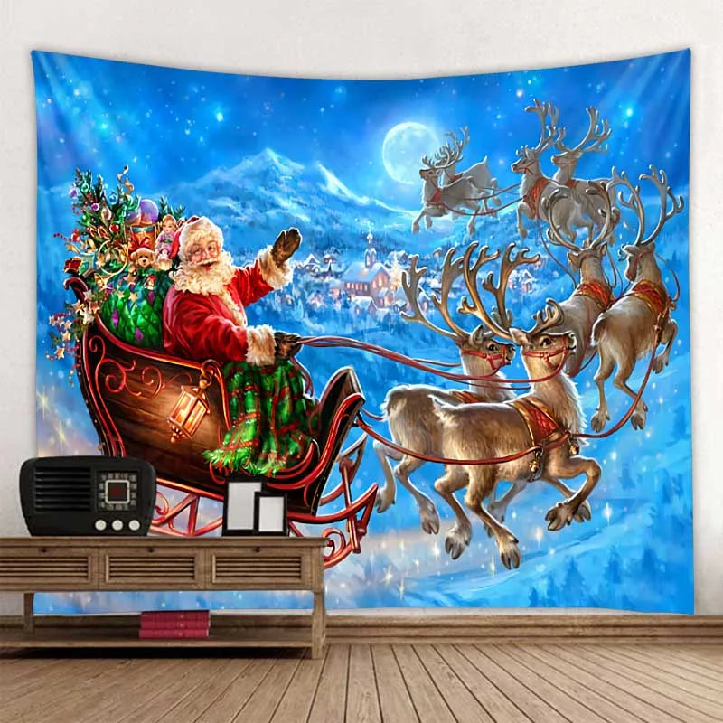 Tapisserie de Noël utilisée comme couvre-lit dans une chambre