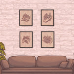 Les illustrations encadrées représentent des contrôleurs de jeu et des plantes décoratives, créant une ambiance relaxante et élégante dans cette pièce.