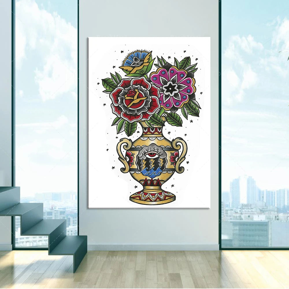 Cette œuvre d'art colorée et graphique présente un vase orné de fleurs et de motifs floraux stylisés, avec des éléments décoratifs et symboliques qui reflètent une influence artistique unique.