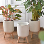 Pot de fleurs automatique blanc avec support bois moderne