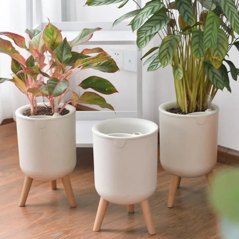 Pot de fleurs automatique blanc avec support bois moderne