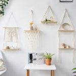 Étagère murale suspendue en macramé et bois naturel style bohème