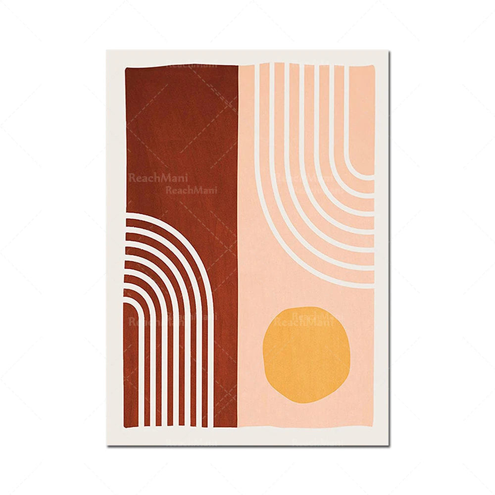Cette image présente une composition graphique abstraite utilisant des formes géométriques, des lignes et des couleurs chaudes et neutres, créant une impression de design minimaliste et élégant.