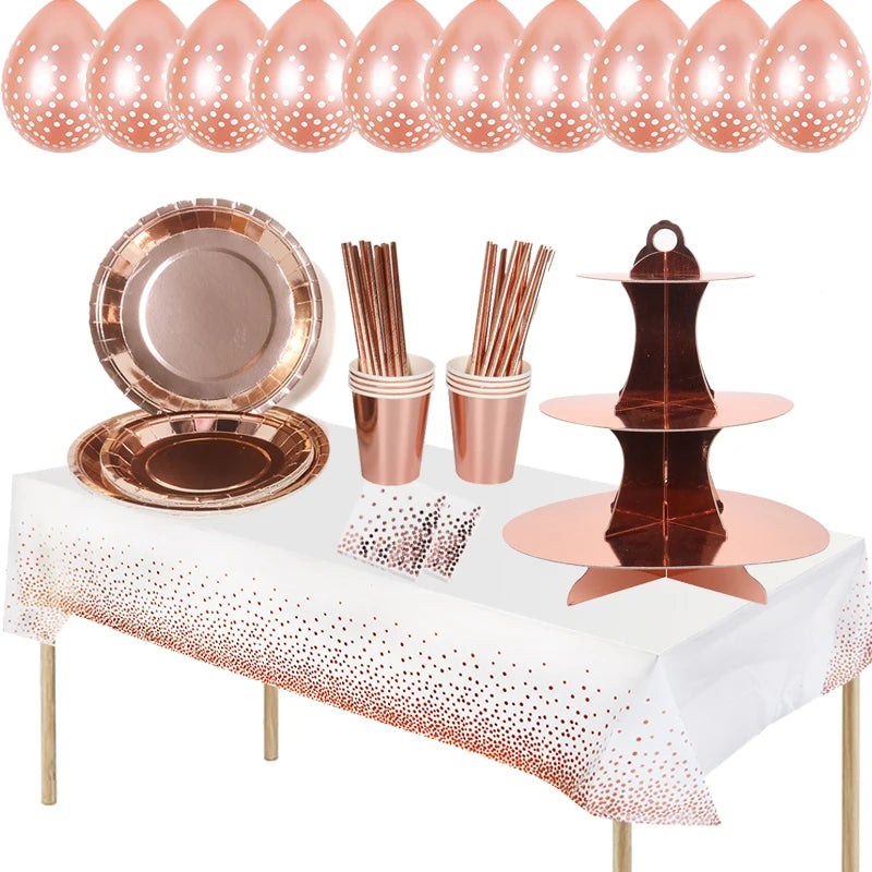 Décoration de table anniversaire adulte en or rose avec support à gâteau