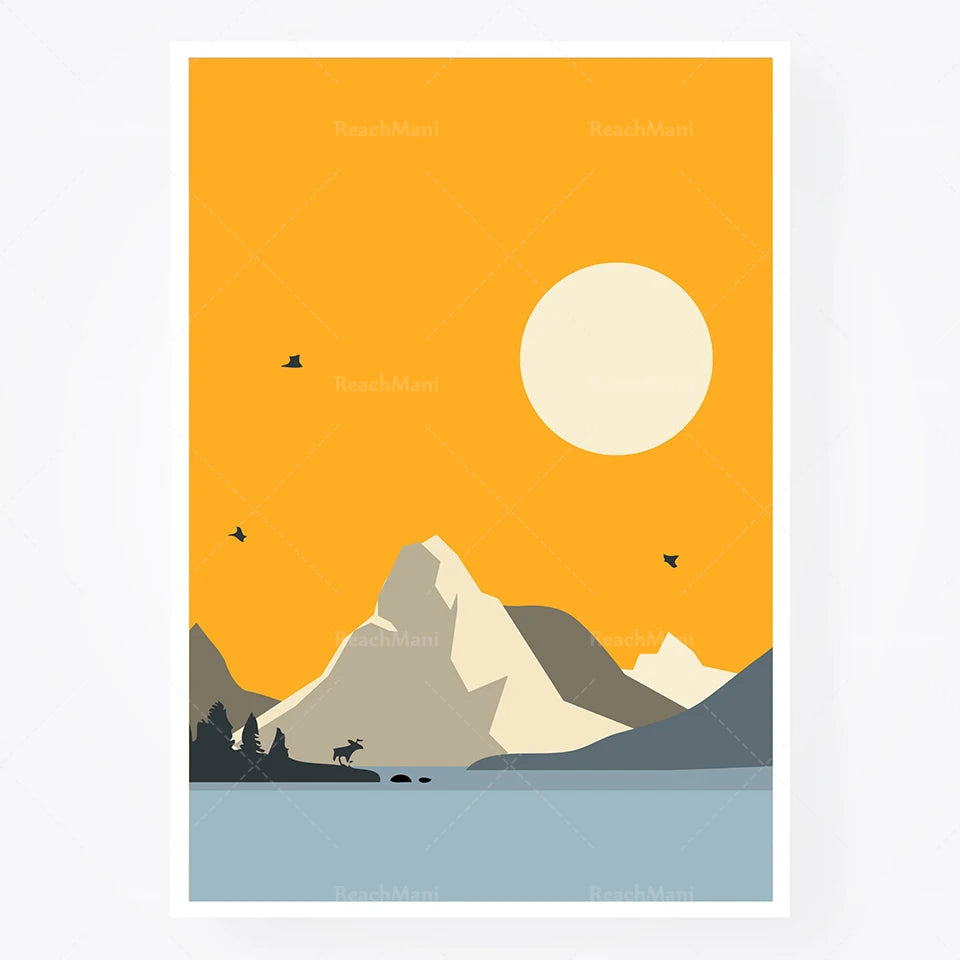 Un paysage montagneux avec un grand soleil orange dans un ciel vide, des silhouettes d'arbres et d'animaux sauvages au premier plan.