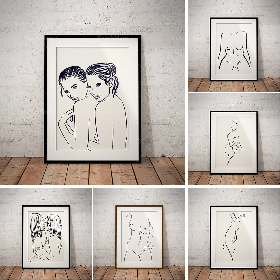 Collection d'illustrations minimalistes représentant diverses silhouettes humaines, dans un style épuré et abstrait, encadrées et disposées sur un mur en béton.