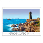 Cette image illustre le phare de Perros-Guirec sur la côte bretonne, avec une vue panoramique sur l'océan et les îles environnantes.