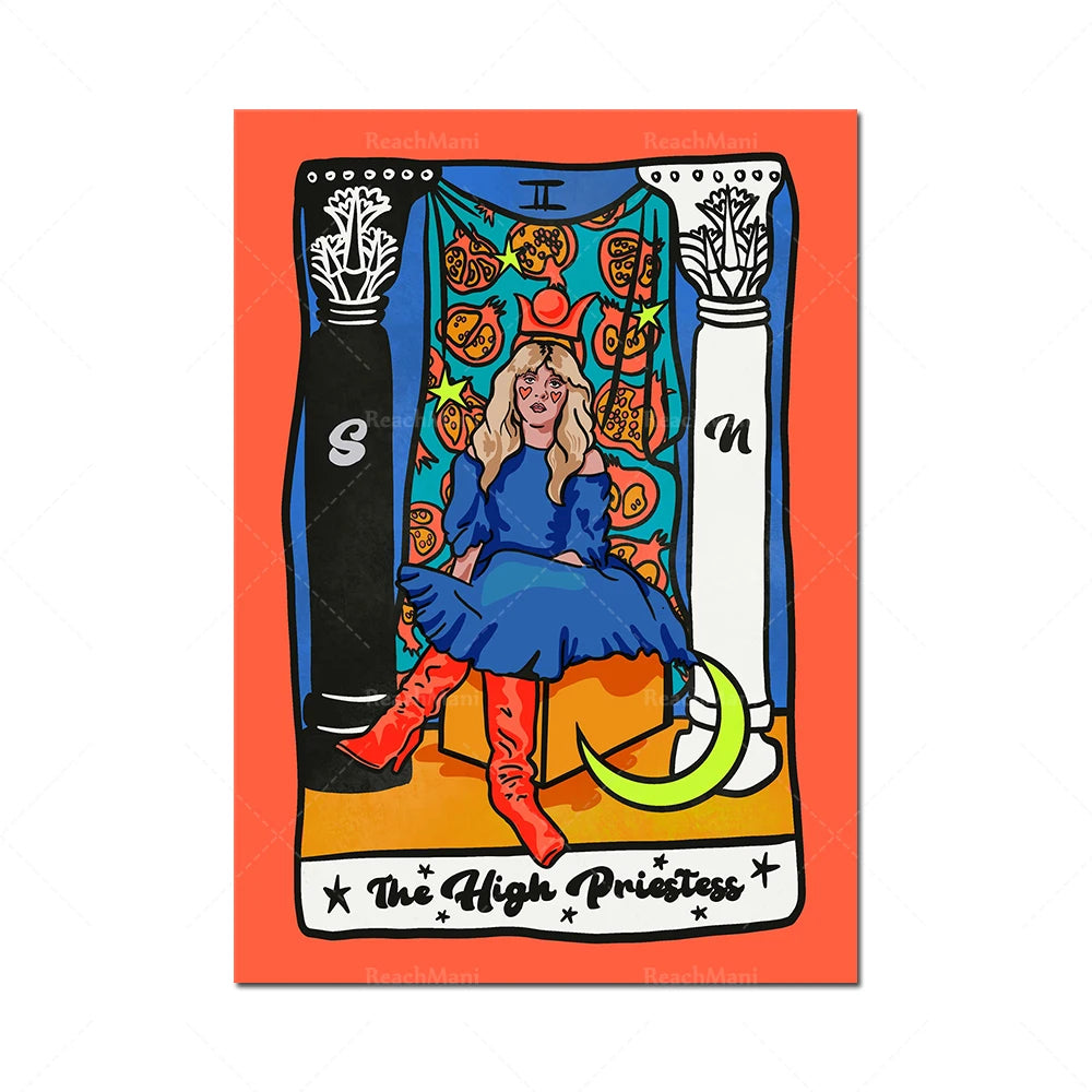 Cette image montre une représentation artistique et colorée d'une femme assise sur un trône, portant une robe bleue et des bottes rouges. Elle est entourée de symboles et d'éléments graphiques complexes, donnant une impression de mystère et de puissance.