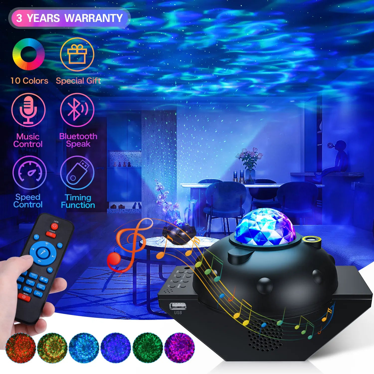 Effet de projection étoiles multicolores sur mur chambre