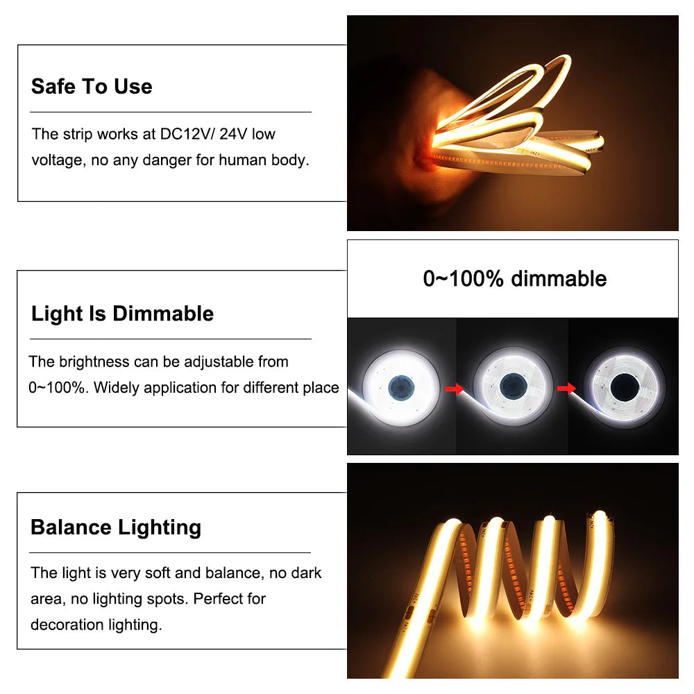 Détail de la technologie COB du ruban LED sans points lumineux