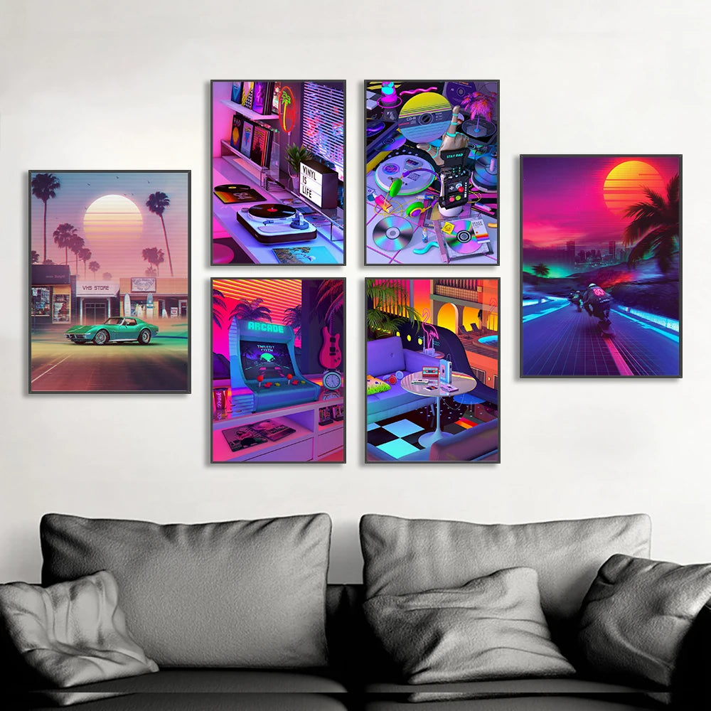 Une scène vibrante de couleurs vives, mélangeant rêve rétro et technologie moderne dans un décor urbain contemporain.