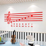 Sticker mural acrylique rouge notes de piano sur mur gris