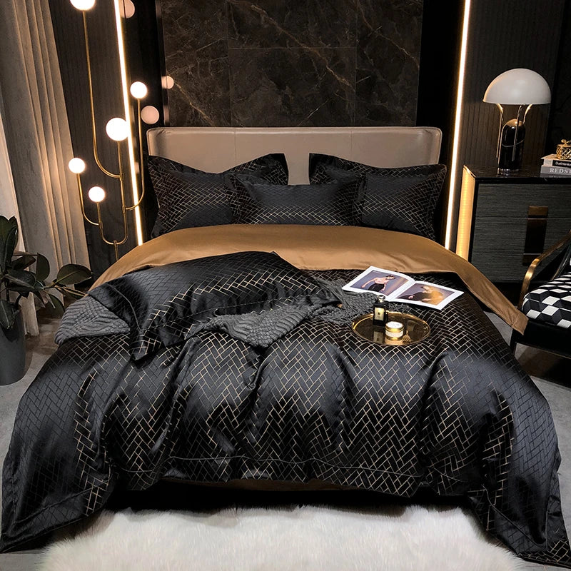 Parure de lit noire 4 pièces en coton égyptien Jacquard avec fil d'or sur un lit