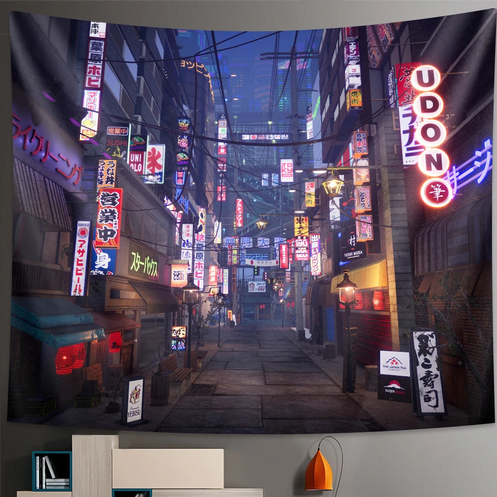 Tenture murale japonaise style bohème imprimé paysage nocturne pour chambre