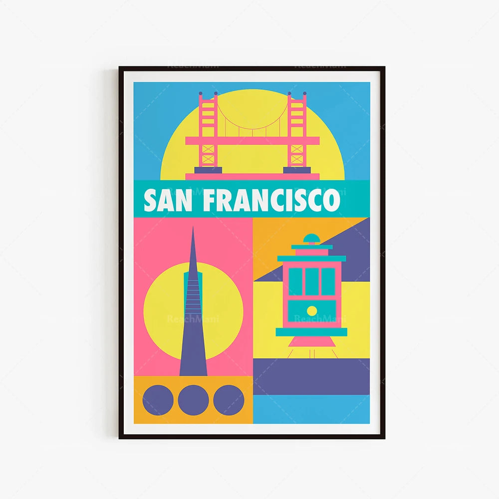 Affiche murale colorée mettant en scène des éléments emblématiques de San Francisco, notamment le Golden Gate Bridge, les câbles, les tramways et le paysage urbain.