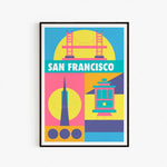 Affiche murale colorée mettant en scène des éléments emblématiques de San Francisco, notamment le Golden Gate Bridge, les câbles, les tramways et le paysage urbain.