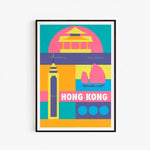 Affiche de voyage vibrante représentant les principaux monuments et symboles de Hong Kong, comme le bâtiment à la forme caractéristique, les voiliers traditionnels et les formes géométriques colorées.