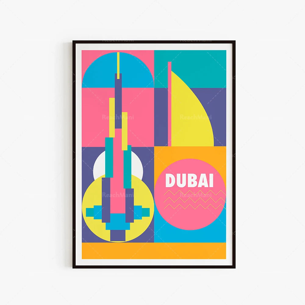 Affiche minimaliste abstraite représentant Dubai avec des formes géométriques colorées et des éléments de style vintage.