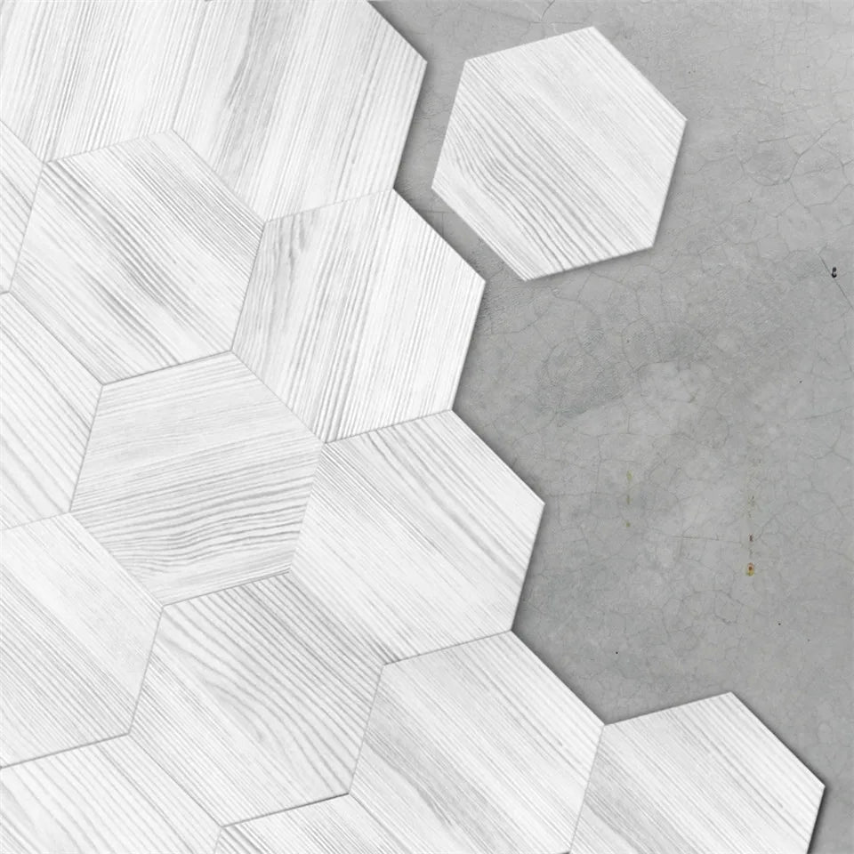 Papier peint hexagonal bois adhésif pour décoration chambre blanc et bois