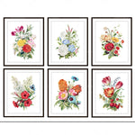 Un magnifique ensemble d'illustrations botaniques représentant une riche variété de fleurs colorées et luxuriantes.