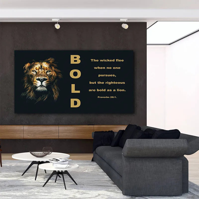 L'image présente un panneau mural avec une illustration d'une tête de lion et un texte déclarant que "le méchant fuit quand personne ne le poursuit, mais les justes sont audacieux comme un lion".