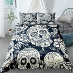 Housse de couette tête de mort 200x200 sur lit avec design gothique