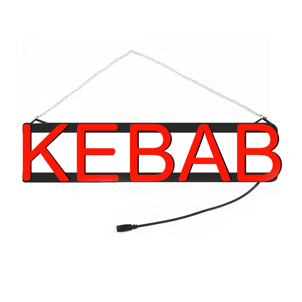 Panneau lumineux LED KEBAB rouge accroché sur mur de bar