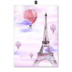 Une scène romantique de Paris avec la tour Eiffel et des montgolfières colorées volant dans le ciel.