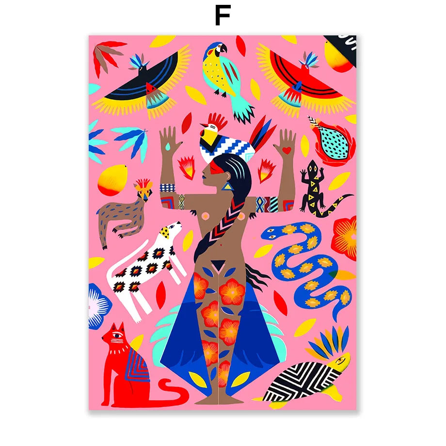 Une image vibrante et colorée représentant une femme aux traits ethniques entourée d'animaux et de motifs géométriques aux teintes vives, créant une illustration fantasmagorique et magique.