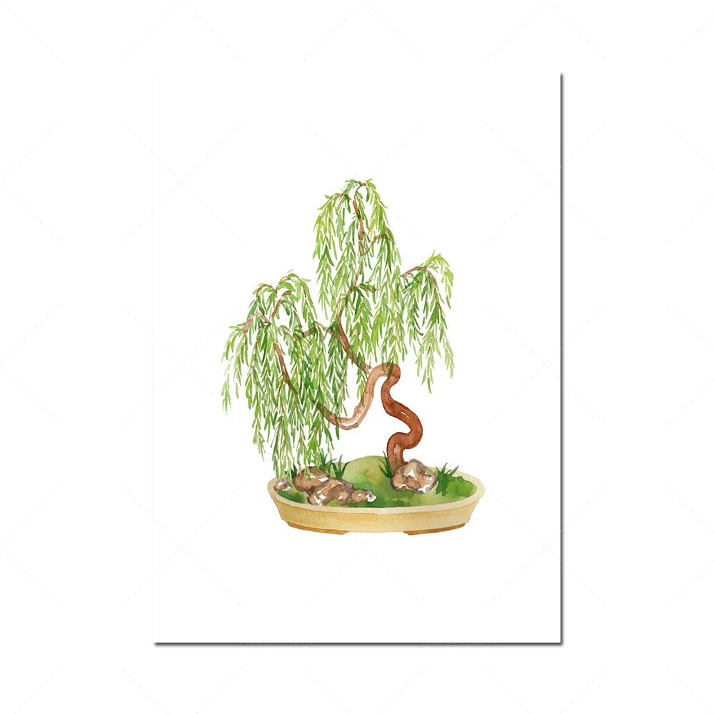 Un petit arbre aux feuilles pendantes et vertes, avec des branches bouclées, dans un pot sur un sol garni de champignons.