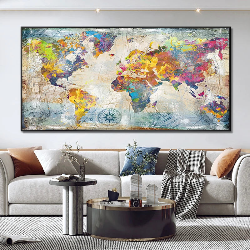 Affiche carte du monde moderne sur toile pour décoration salon