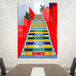 Un escalier coloré menant à Rio de Janeiro, avec des motifs géométriques et des éléments végétaux.