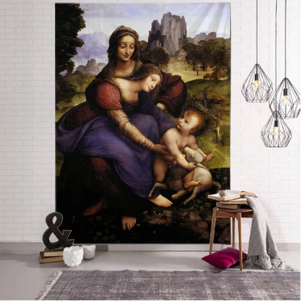 Tapisserie retro Jesus accrochée au mur d'une chambre bohème