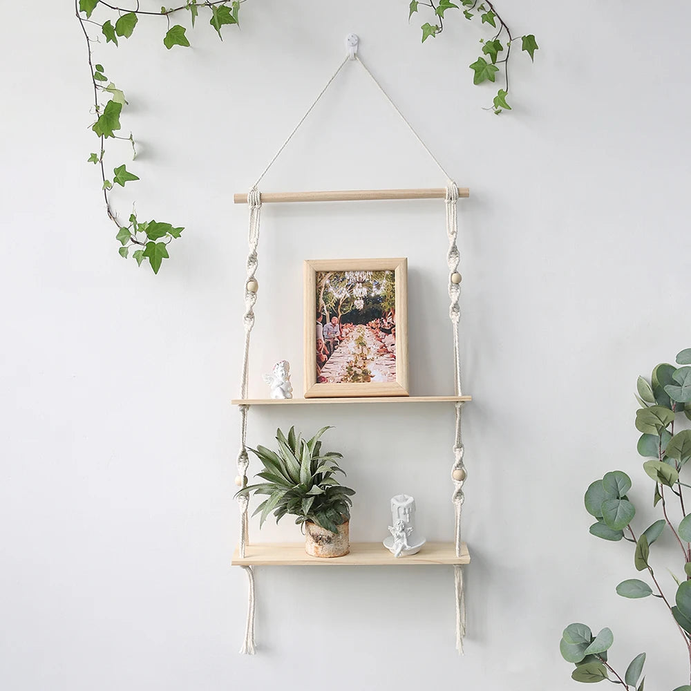 Étagère murale macramé double couche avec plante verte