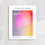 Composition abstraite aux lignes dynamiques dans des teintes chaudes de rose, orange et jaune, intitulée "Études des ombres" et créée par l'artiste Florence Geens pour une exposition éphémère à Bruxelles en 1982.