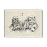 L'illustration montre deux créatures mythologiques chinoises ornées de motifs complexes et détaillés, dégageant une atmosphère traditionnelle et mystique.