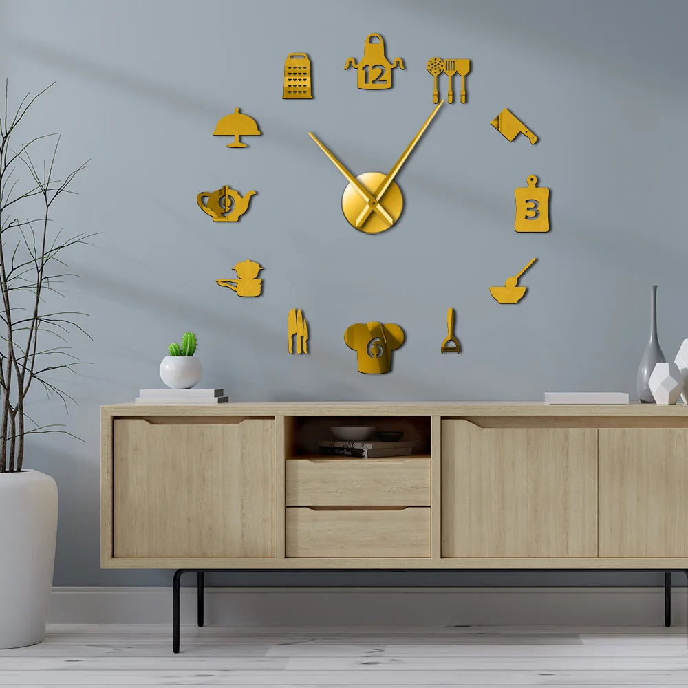Horloge murale géante 100 cm design ustensiles cuisine noir