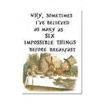 Cette image humoristique montre une scène de petit-déjeuner fantaisiste avec des personnages et des animaux fantastiques, accompagnée d'un texte qui fait référence à la croyance en des choses impossibles avant le petit-déjeuner.