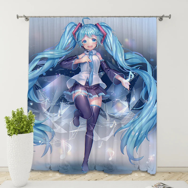 Détail de l'impression 3D Miku sur le rideau occultant