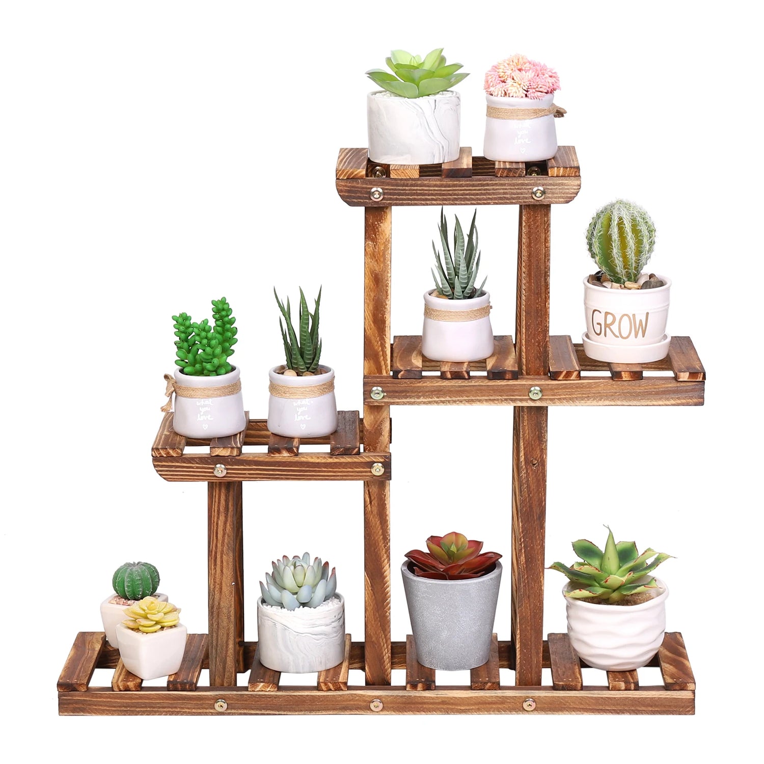 Etagere a plantes en bois avec pots de fleurs