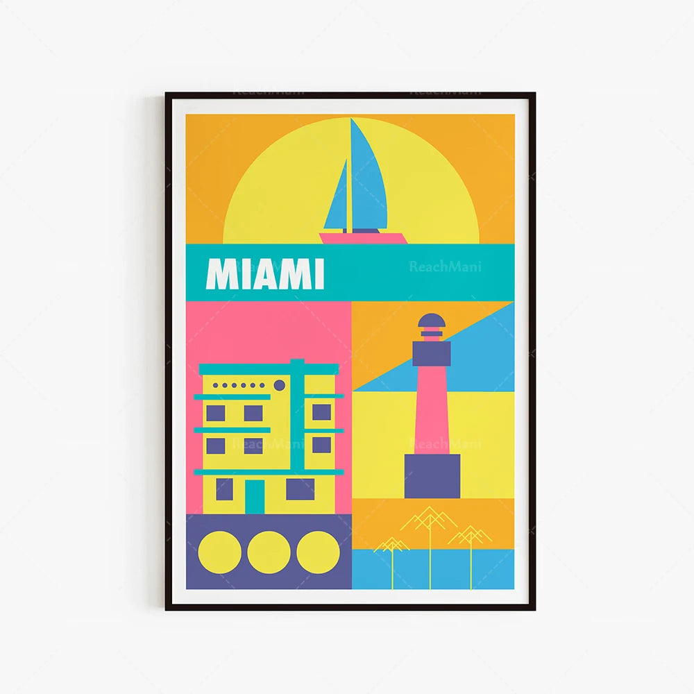 Affiche colorée représentant les attractions typiques de Miami, notamment un phare, des bâtiments et un voilier sur un fond solaire.