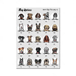 Cette affiche présente une variété de races de chiens, avec leurs noms et leurs numéros correspondants, offrant un guide visuel pour les options disponibles.