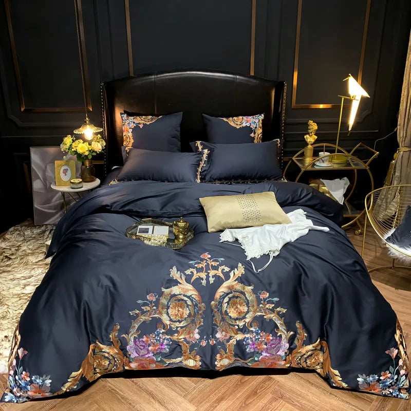 Parure de lit bleu marine en coton égyptien sur un lit