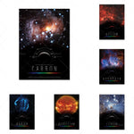Cette image présente des affiches d'éléments chimiques représentés par des images cosmiques, mettant en valeur la diversité et la beauté de l'univers.