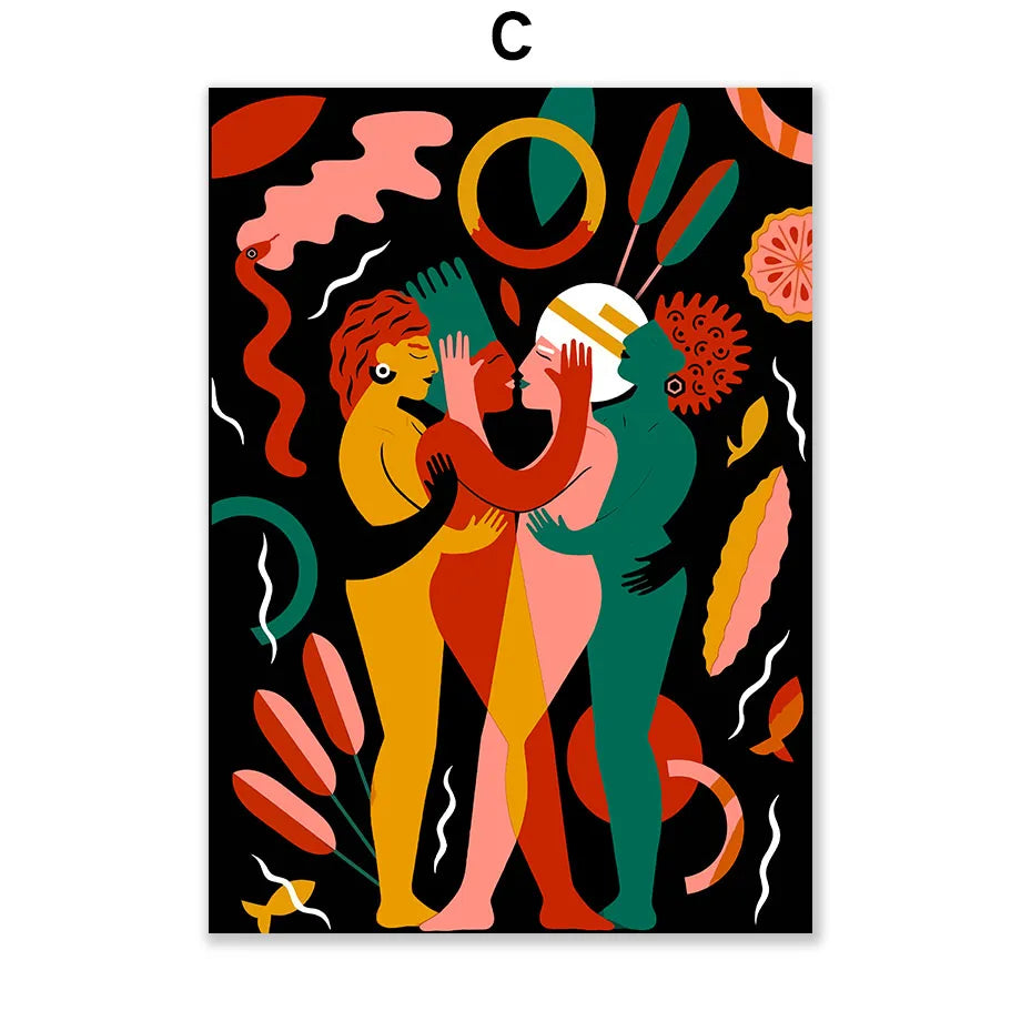 Deux figures abstraites colorées et fantaisistes s'embrassent passionnément dans une composition psychédélique et organique.